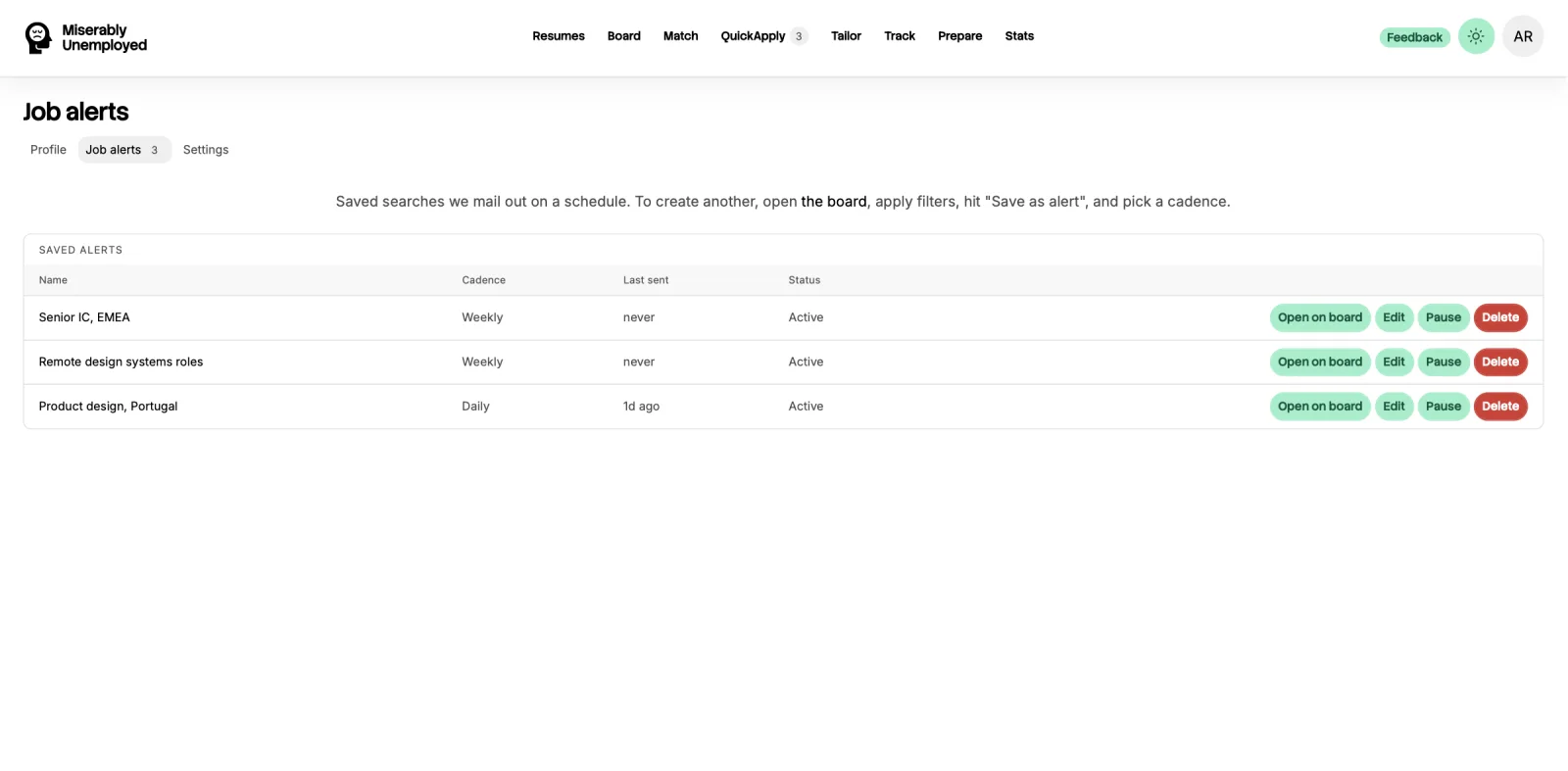 The job alerts page: a table of three saved searches with their name, cadence (daily or weekly), when each was last sent, and an active status, each row offering open on board, edit, pause and delete.