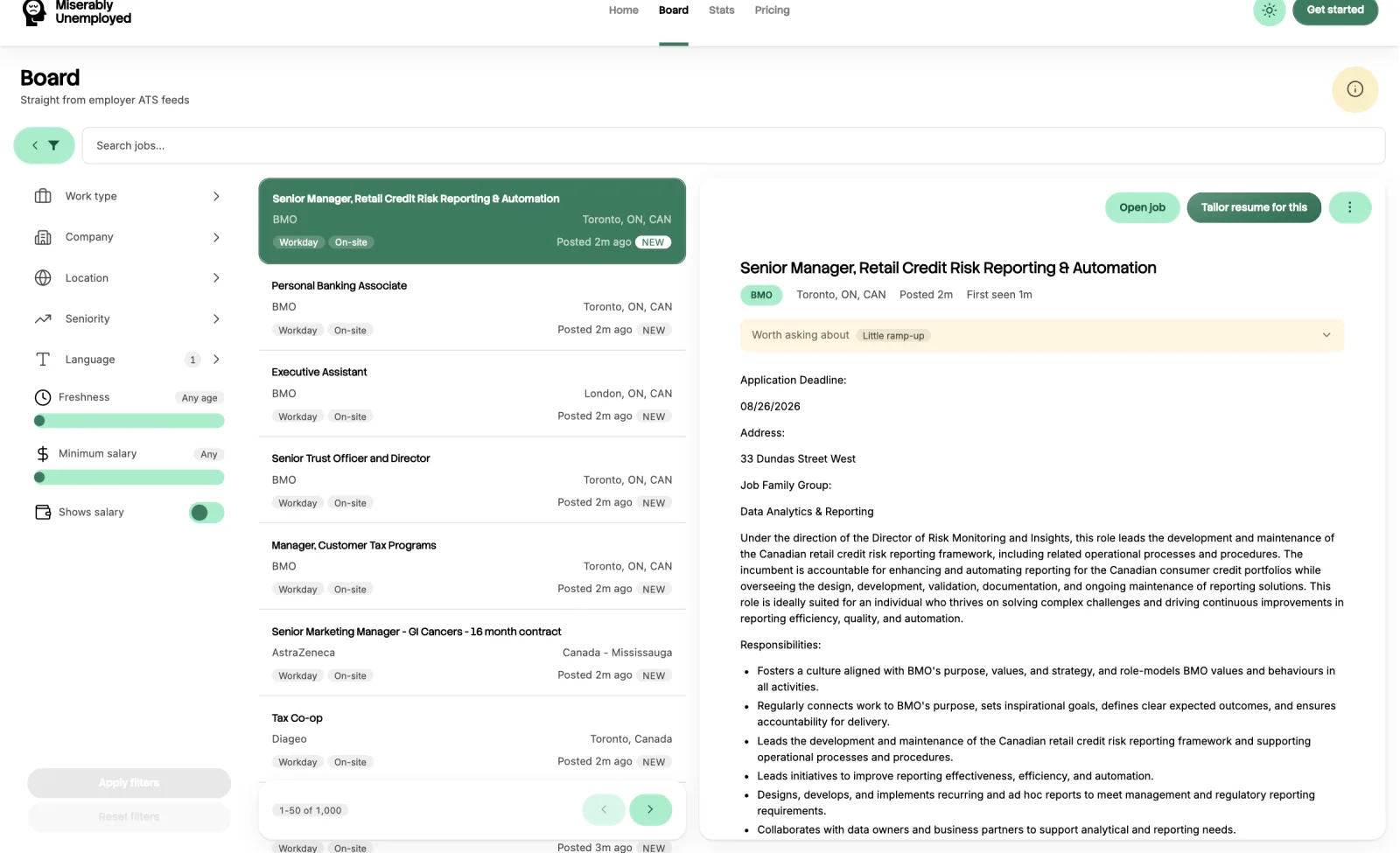 The job board: a filter rail for work type, company, location, seniority and salary, a scrollable list of openings from BMO, AstraZeneca and Diageo each tagged with its source ATS, and the selected posting opened in full beside it.