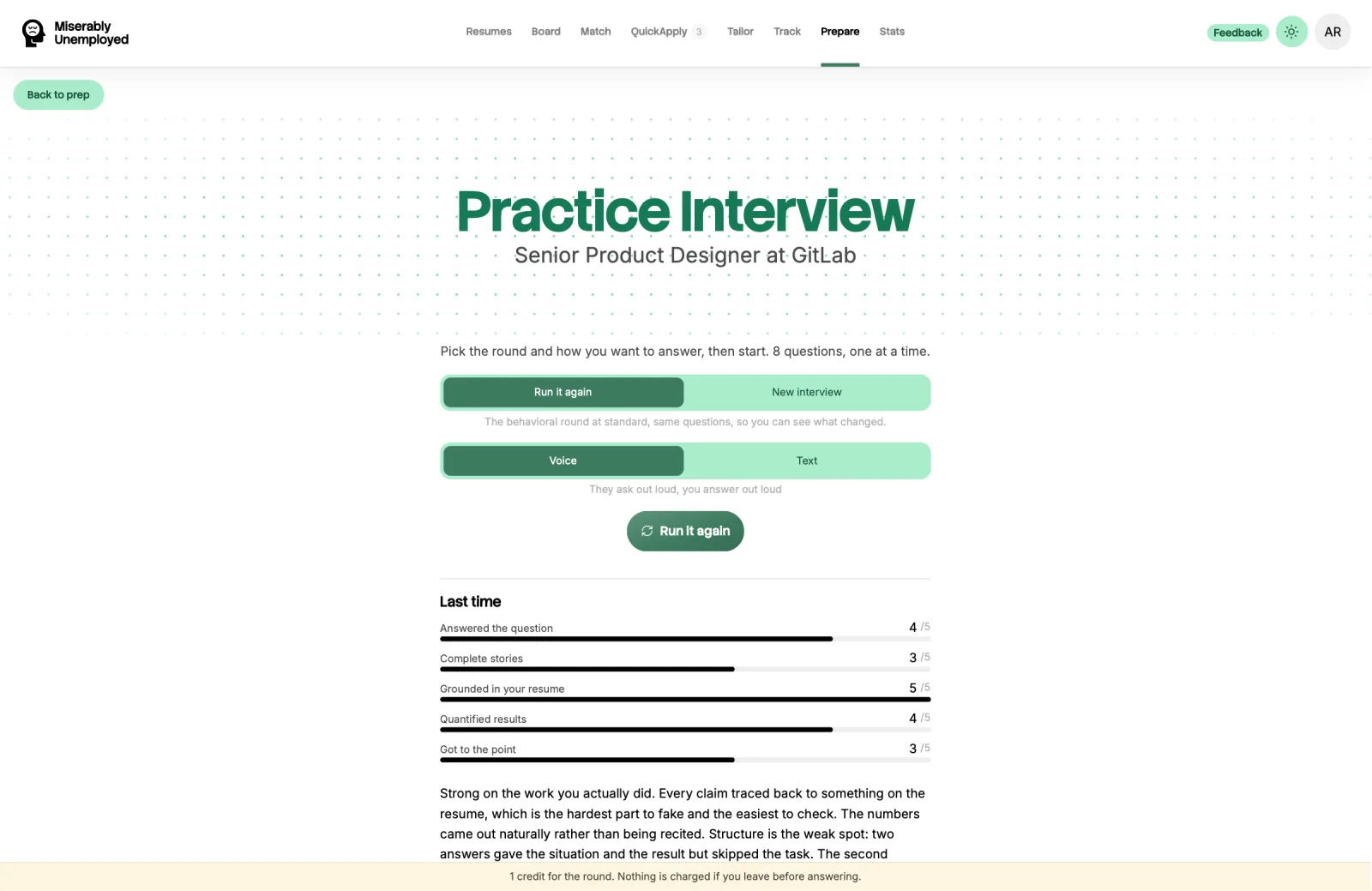 The practice interview setup for a Senior Product Designer role at GitLab: a choice between rerunning the same round or a new interview, a voice or text toggle, a start button, and below it last time's scorecard rating answered the question 4 out of 5, complete stories 3, grounded in your resume 5, quantified results 4 and got to the point 3, with a written summary underneath.