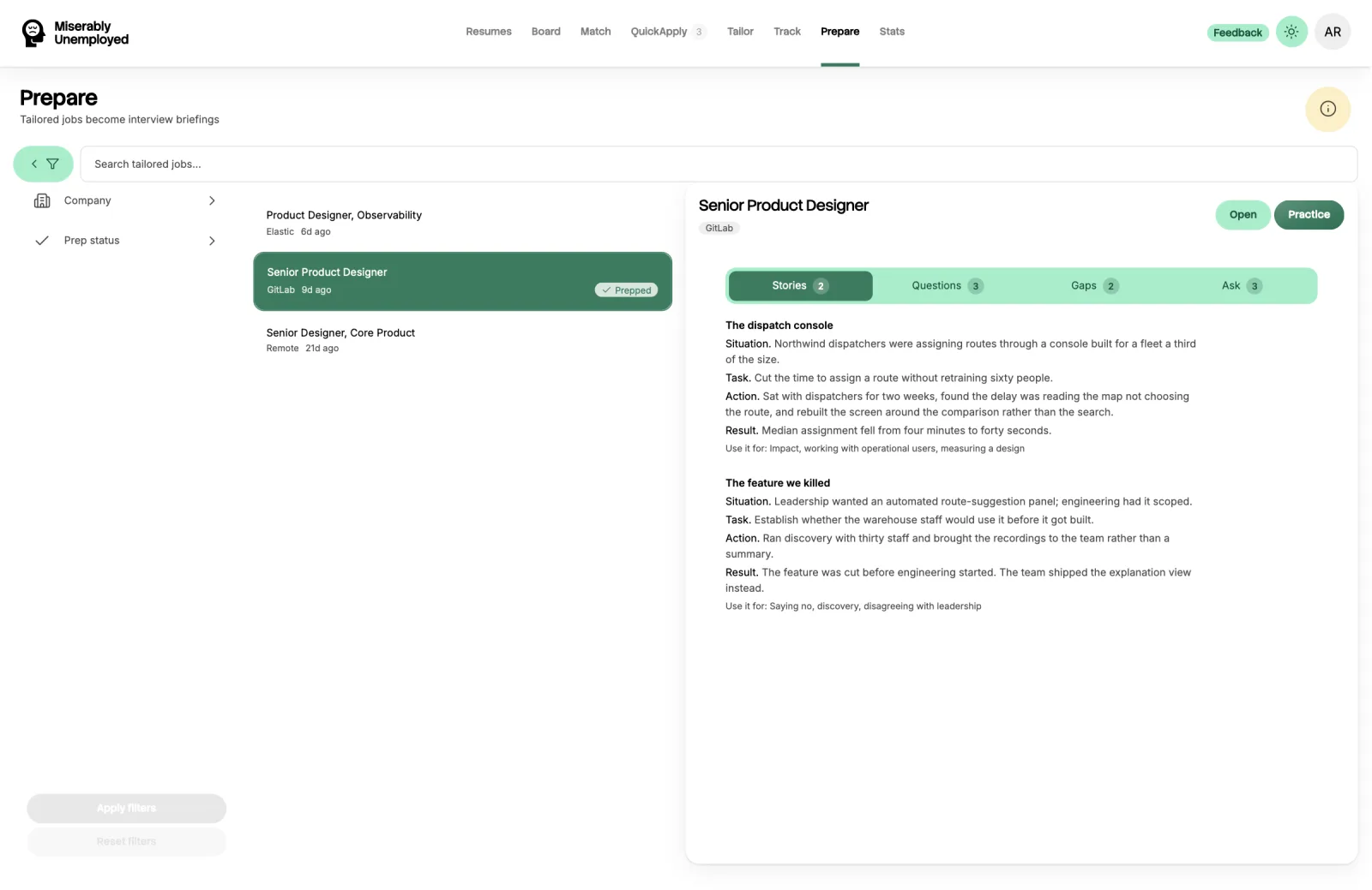 A finished briefing for a Senior Product Designer role at GitLab, with tabs for stories, questions, gaps and what to ask them. Two STAR stories are open, each broken into situation, task, action and result, with a note on which kinds of question to use it for.