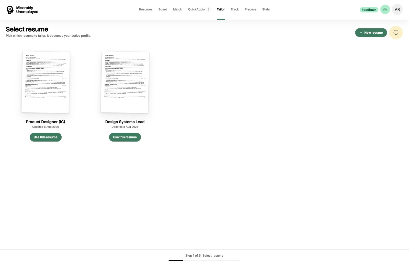 The first step of tailoring: two saved master resumes shown as page previews, one aimed at an individual contributor track and one at design systems, each with a button to use it, above a progress bar reading step 1 of 5.